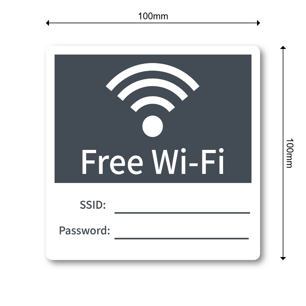 Free Wi-Fi ステッカー 100mm SSID・Password記入欄付き 無料WiFi案内シール カフェ サロン オフィス 店舗用 チャコールグレー - 画像 (3)