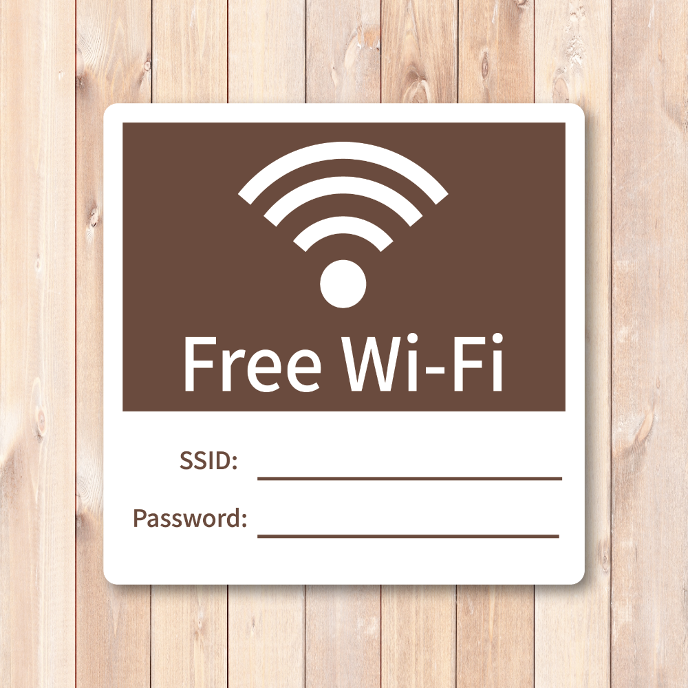 Free Wi-Fi ステッカー 100mm SSID・Password記入欄付き 無料WiFi案内シール カフェ サロン オフィス 店舗用 モカブラウン - 画像 (2)