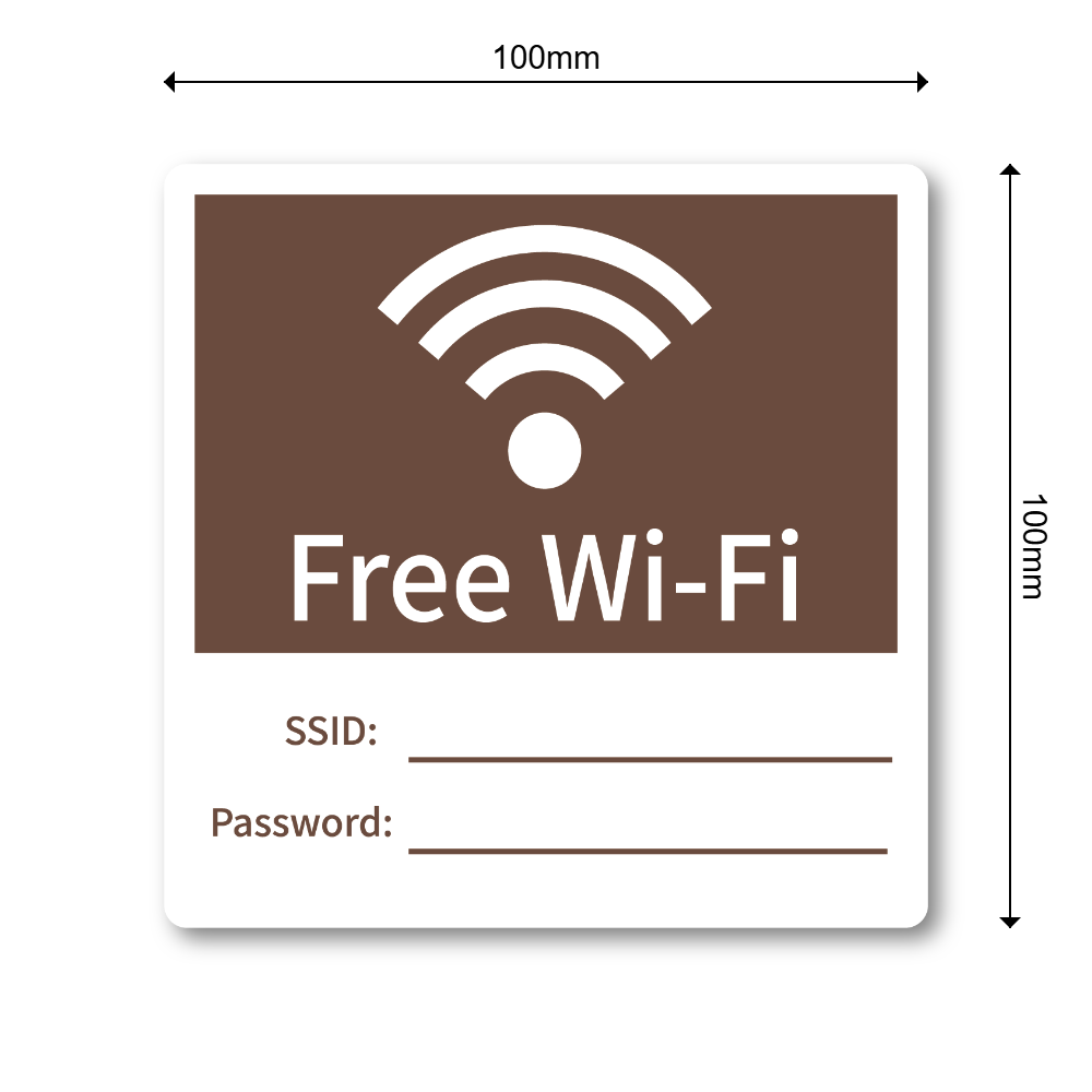 Free Wi-Fi ステッカー 100mm SSID・Password記入欄付き 無料WiFi案内シール カフェ サロン オフィス 店舗用 モカブラウン - 画像 (3)