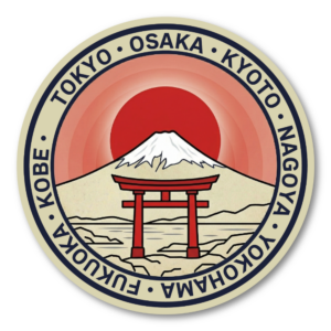 日本トラベルステッカー 円形デザイン 富士山・鳥居・寺院・寿司・招き猫など 日本の風景と文化を描いたコレクション 防水ビニールステッカー スーツケース・タブレット・ボトル用 富士山と鳥居（日本風景）