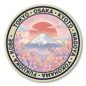 日本トラベルステッカー 円形デザイン 富士山・鳥居・寺院・寿司・招き猫など 日本の風景と文化を描いたコレクション 防水ビニールステッカー スーツケース・タブレット・ボトル用 富士山と桜（春の日本）