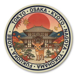 日本トラベルステッカー 円形デザイン 富士山・鳥居・寺院・寿司・招き猫など 日本の風景と文化を描いたコレクション 防水ビニールステッカー スーツケース・タブレット・ボトル用 奈良の鹿と寺院（奈良風景）