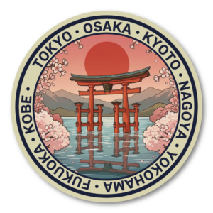 日本トラベルステッカー 円形デザイン 富士山・鳥居・寺院・寿司・招き猫など 日本の風景と文化を描いたコレクション 防水ビニールステッカー スーツケース・タブレット・ボトル用 海の鳥居と桜（日本神社）