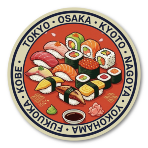 日本トラベルステッカー 円形デザイン 富士山・鳥居・寺院・寿司・招き猫など 日本の風景と文化を描いたコレクション 防水ビニールステッカー スーツケース・タブレット・ボトル用 寿司セット（日本グルメ）