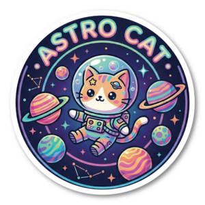 かわいい イラスト ステッカー 丸型 防水 耐水 耐候 100mm カワイイ 動物 食べ物 宇宙 ゲーム 女の子向け ノートPC スーツケース 車 バイク スマホ デコ シール 宇宙ネコ