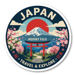 世界都市トラベルステッカー 円形 100mm パリ ローマ 東京 ソウル シンガポール ロンドン ニューヨーク バルセロナ 観光デザイン 防水 屋外対応 スーツケース 車用 日本 / 富士山（JAPAN）
