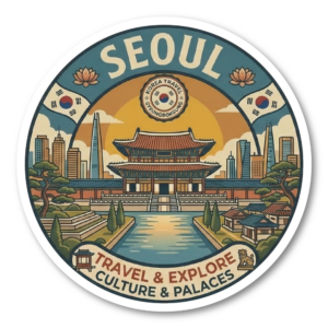 世界都市トラベルステッカー 円形 100mm パリ ローマ 東京 ソウル シンガポール ロンドン ニューヨーク バルセロナ 観光デザイン 防水 屋外対応 スーツケース 車用 ソウル（SEOUL）
