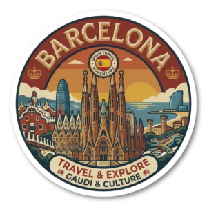 世界都市トラベルステッカー 円形 100mm パリ ローマ 東京 ソウル シンガポール ロンドン ニューヨーク バルセロナ 観光デザイン 防水 屋外対応 スーツケース 車用 バルセロナ（BARCELONA）