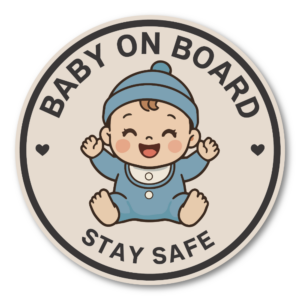 BABY ON BOARD ステッカー 120mm ベビーサイン 車用 赤ちゃん乗ってます かわいい 円形 防水 屋外対応 男の子（ブルー）