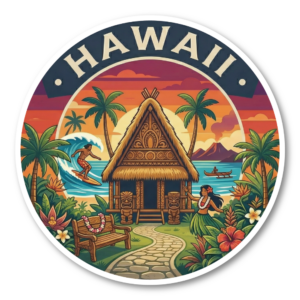 トラベルステッカー 100mm 丸形 ヴィンテージ風 日本 イタリア タイ ハワイ USA ランドマーク 防水 スーツケース タブレット 水筒用 ハワイ