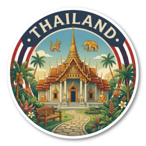 トラベルステッカー 100mm 丸形 ヴィンテージ風 日本 イタリア タイ ハワイ USA ランドマーク 防水 スーツケース タブレット 水筒用 タイ
