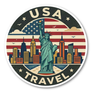 トラベルステッカー 100mm 丸形 ヴィンテージ風 日本 イタリア タイ ハワイ USA ランドマーク 防水 スーツケース タブレット 水筒用 USA