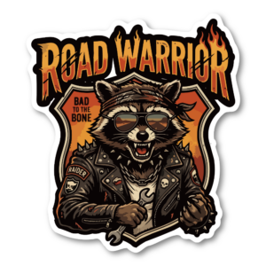 ROAD WARRIOR アライグマ ステッカー 120×135mm ダイカット仕様 バイカー風デザイン 炎ロゴ アメリカンテイスト 車・バイク・スーツケース向け 防水仕様