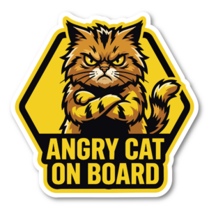 怒った猫 ステッカー ANGRY CAT ON BOARD イエロー警告サイン風 車用ステッカー 猫好き向け カーサイン 防水 屋外対応 120mm