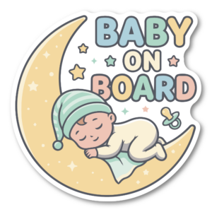 BABY ON BOARD ステッカー 月と眠る赤ちゃん パステルカラー ベビーインカー 車用サイン 赤ちゃん乗車中 防水 耐候 120x120mm