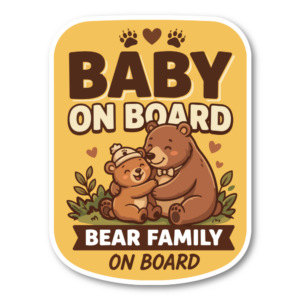 BABY ON BOARD ステッカー クマ親子 ベアファミリー 赤ちゃん乗車中 車用 ベビーサイン かわいい 動物デザイン 120 x 160mm