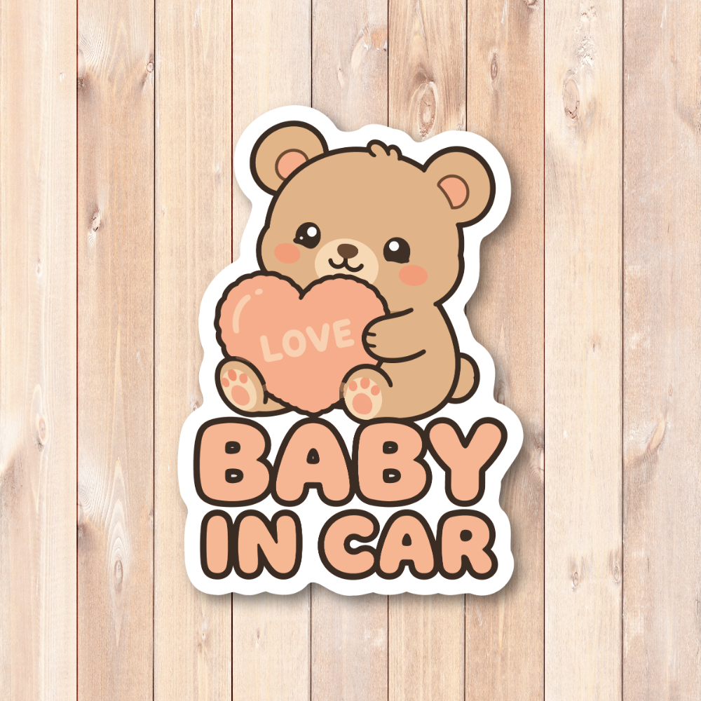 BABY IN CAR ステッカー 100mm ハートデザイン 車用ベビーサイン カートゥーン風 防水デカール くま - 画像 (2)