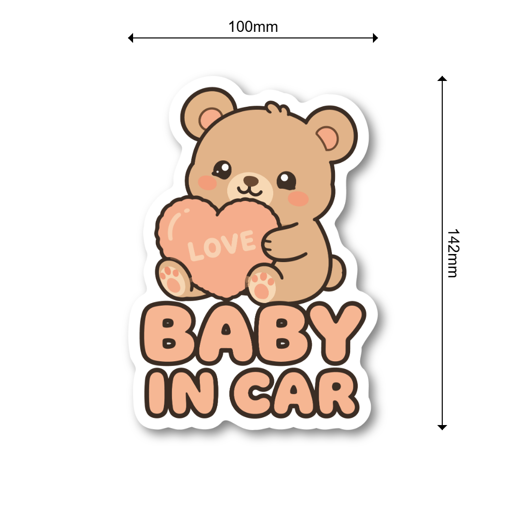 BABY IN CAR ステッカー 100mm ハートデザイン 車用ベビーサイン カートゥーン風 防水デカール くま - 画像 (3)