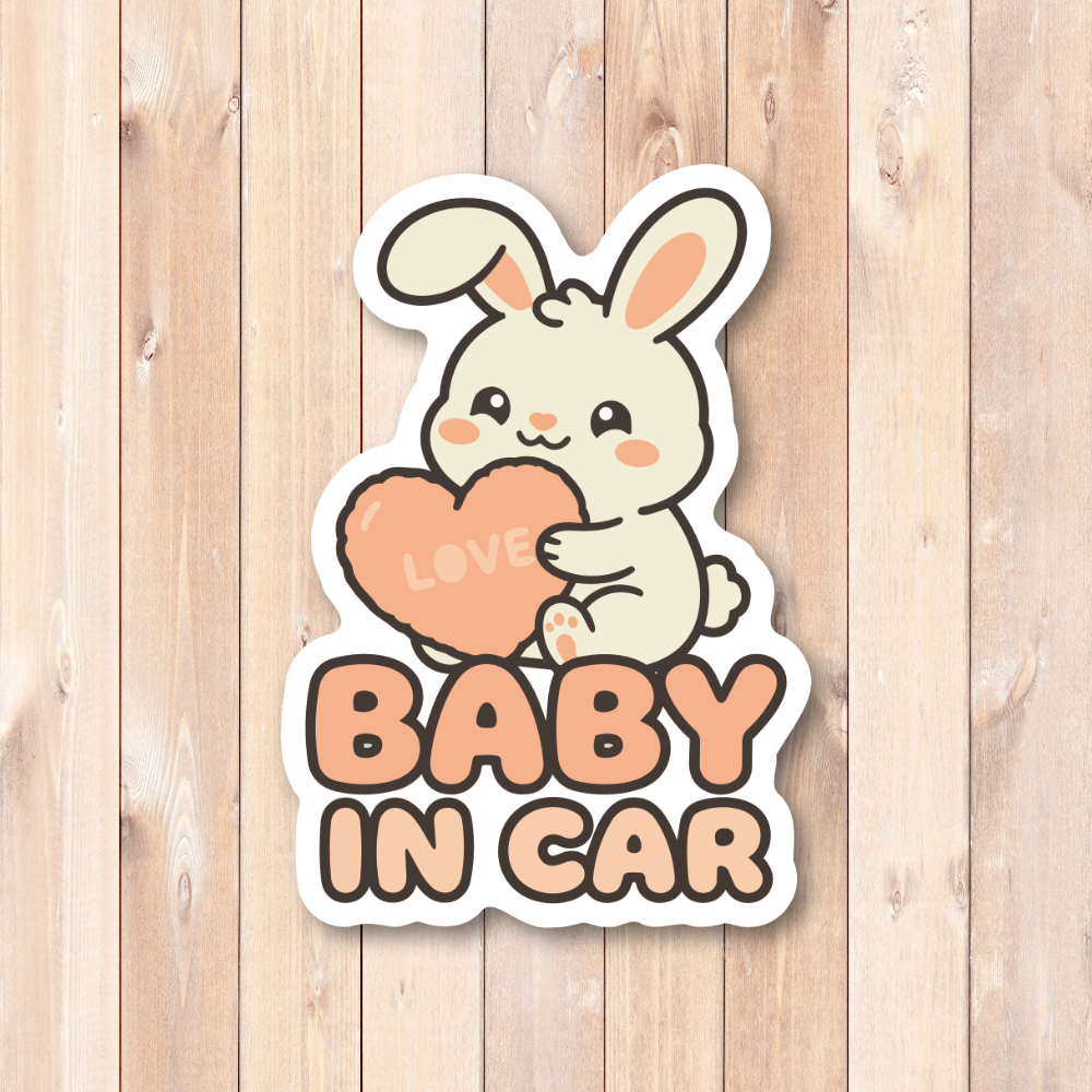 BABY IN CAR ステッカー 100mm ハートデザイン 車用ベビーサイン カートゥーン風 防水デカール うさぎ - 画像 (2)