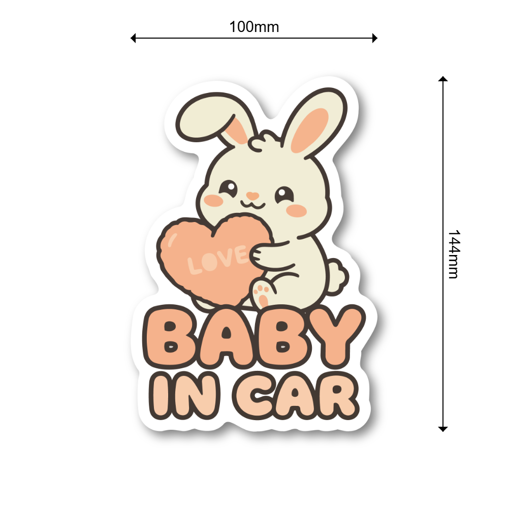 BABY IN CAR ステッカー 100mm ハートデザイン 車用ベビーサイン カートゥーン風 防水デカール うさぎ - 画像 (3)