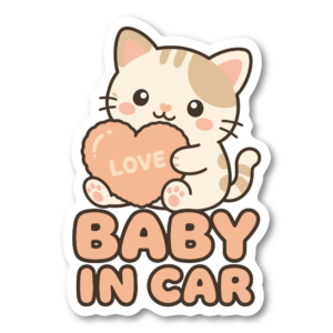 BABY IN CAR ステッカー 100mm ハートデザイン 車用ベビーサイン カートゥーン風 防水デカール ねこ