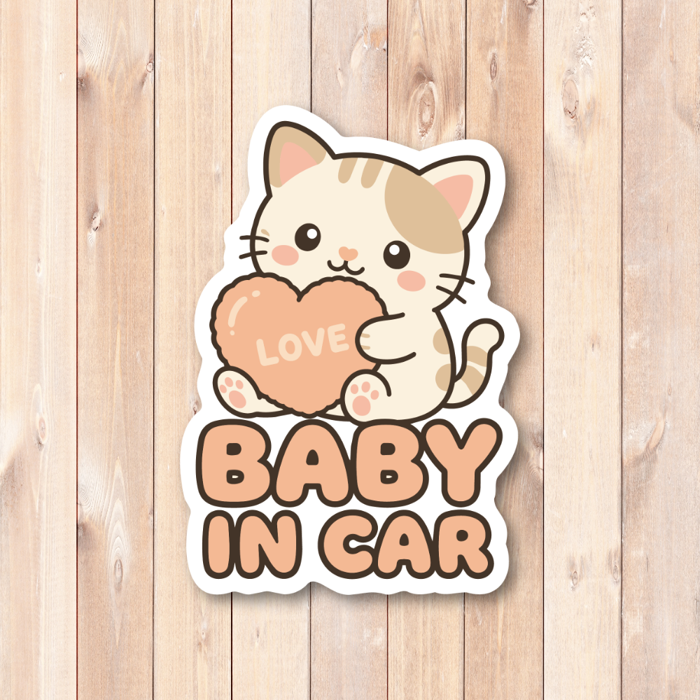 BABY IN CAR ステッカー 100mm ハートデザイン 車用ベビーサイン カートゥーン風 防水デカール ねこ - 画像 (2)