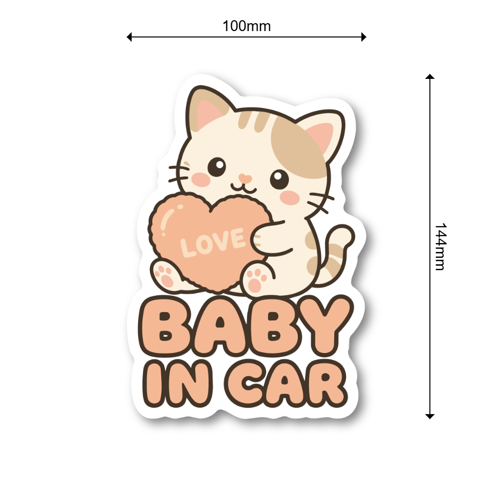 BABY IN CAR ステッカー 100mm ハートデザイン 車用ベビーサイン カートゥーン風 防水デカール ねこ - 画像 (3)
