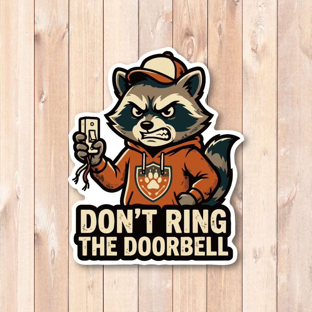 DONT RING THE DOORBELL ステッカー 120×148mm 訪問・チャイム不要サイン アライグマイラスト 配達員向け 玄関ドア用 防水 耐候 シール - 画像 (2)