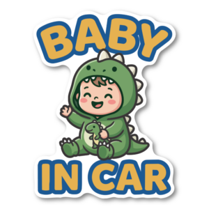 BABY IN CAR ステッカー 120×158mm ベビーインカー 車用サイン 赤ちゃん乗車中 かわいい着ぐるみデザイン 防水UVラミネート 恐竜ベビー