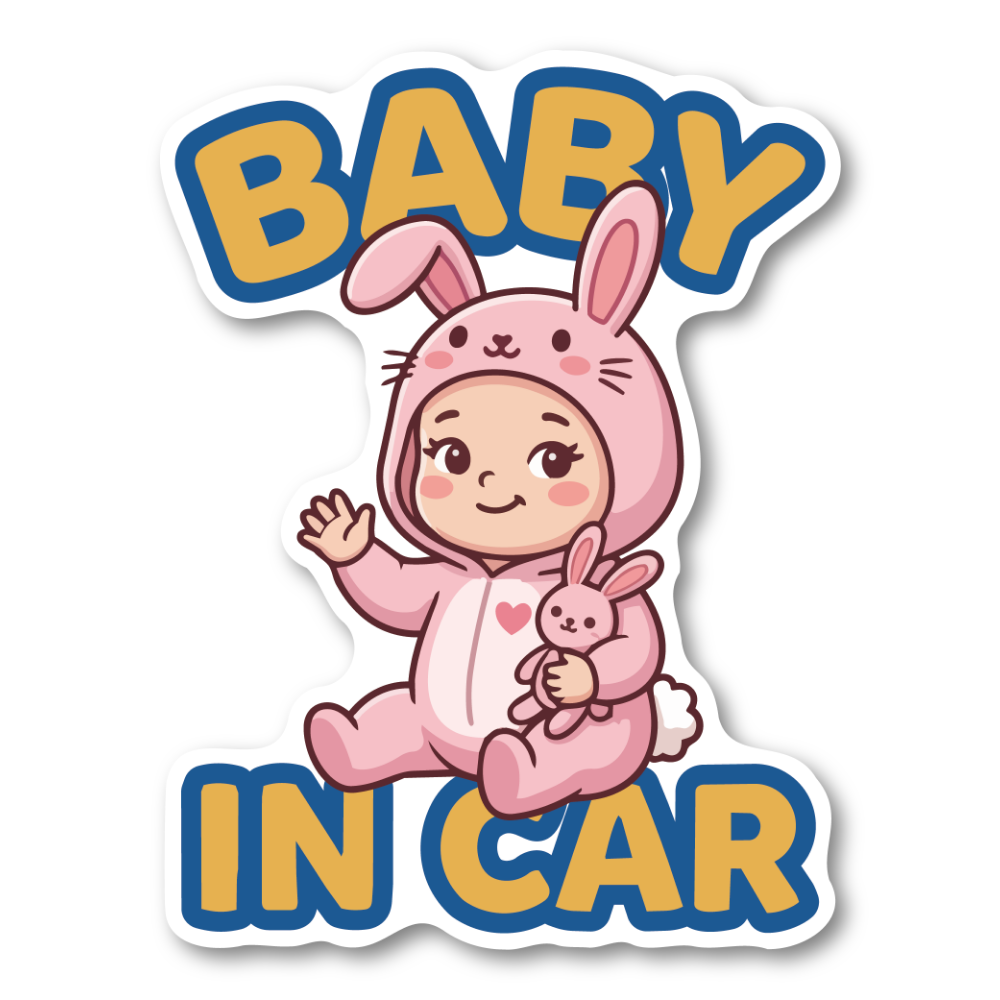 BABY IN CAR ステッカー 120×158mm ベビーインカー 車用サイン 赤ちゃん乗車中 かわいい着ぐるみデザイン 防水UVラミネート うさぎベビー