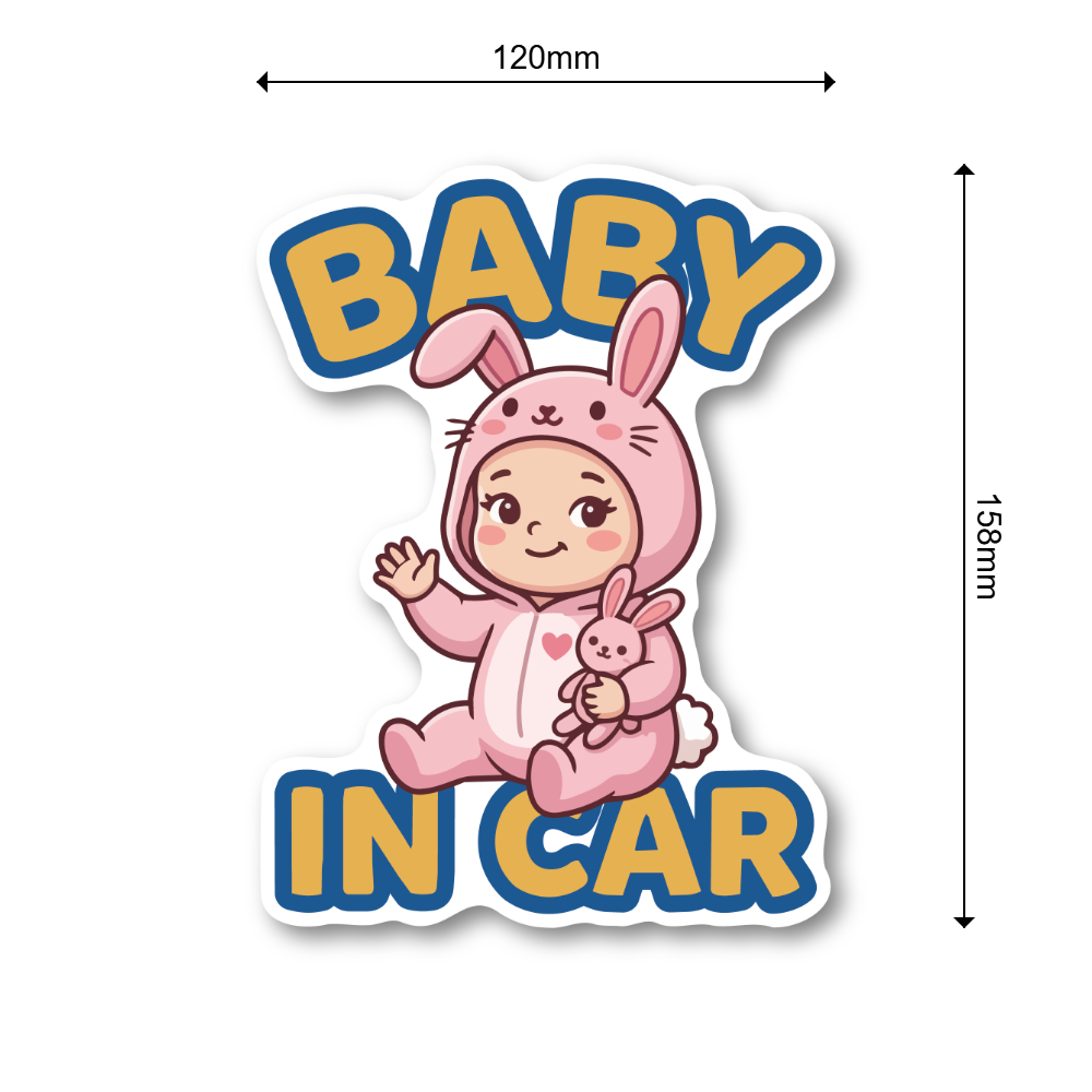 BABY IN CAR ステッカー 120×158mm ベビーインカー 車用サイン 赤ちゃん乗車中 かわいい着ぐるみデザイン 防水UVラミネート うさぎベビー - 画像 (3)