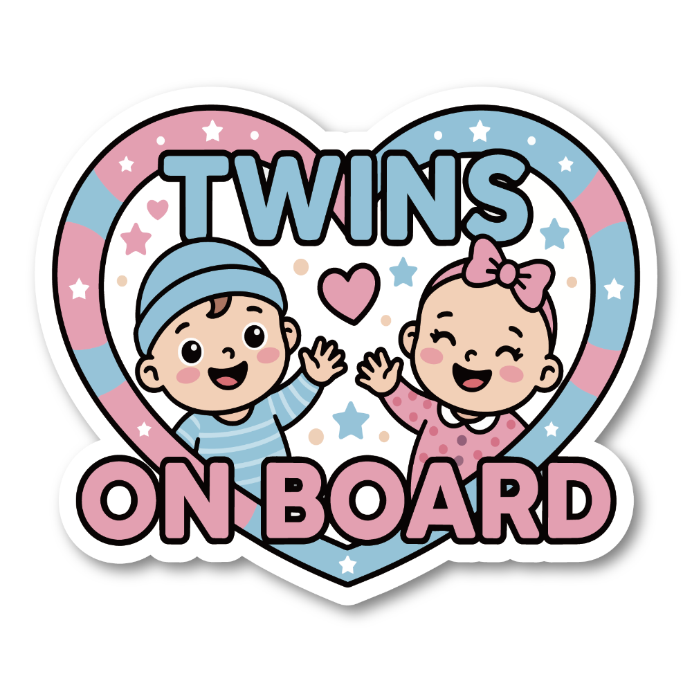 Baby On Board ステッカー 120mm幅 ベビーインカー チャイルドインカー ツインズ 双子 赤ちゃん乗車中 車用サイン Twins Heart Pastel Pink & Blue