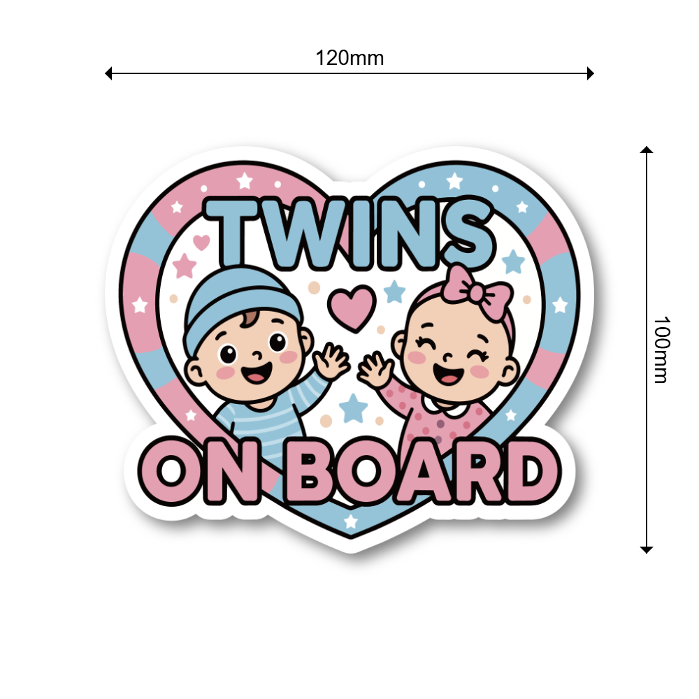 Baby On Board ステッカー 120mm幅 ベビーインカー チャイルドインカー ツインズ 双子 赤ちゃん乗車中 車用サイン Twins Heart Pastel Pink & Blue - 画像 (3)