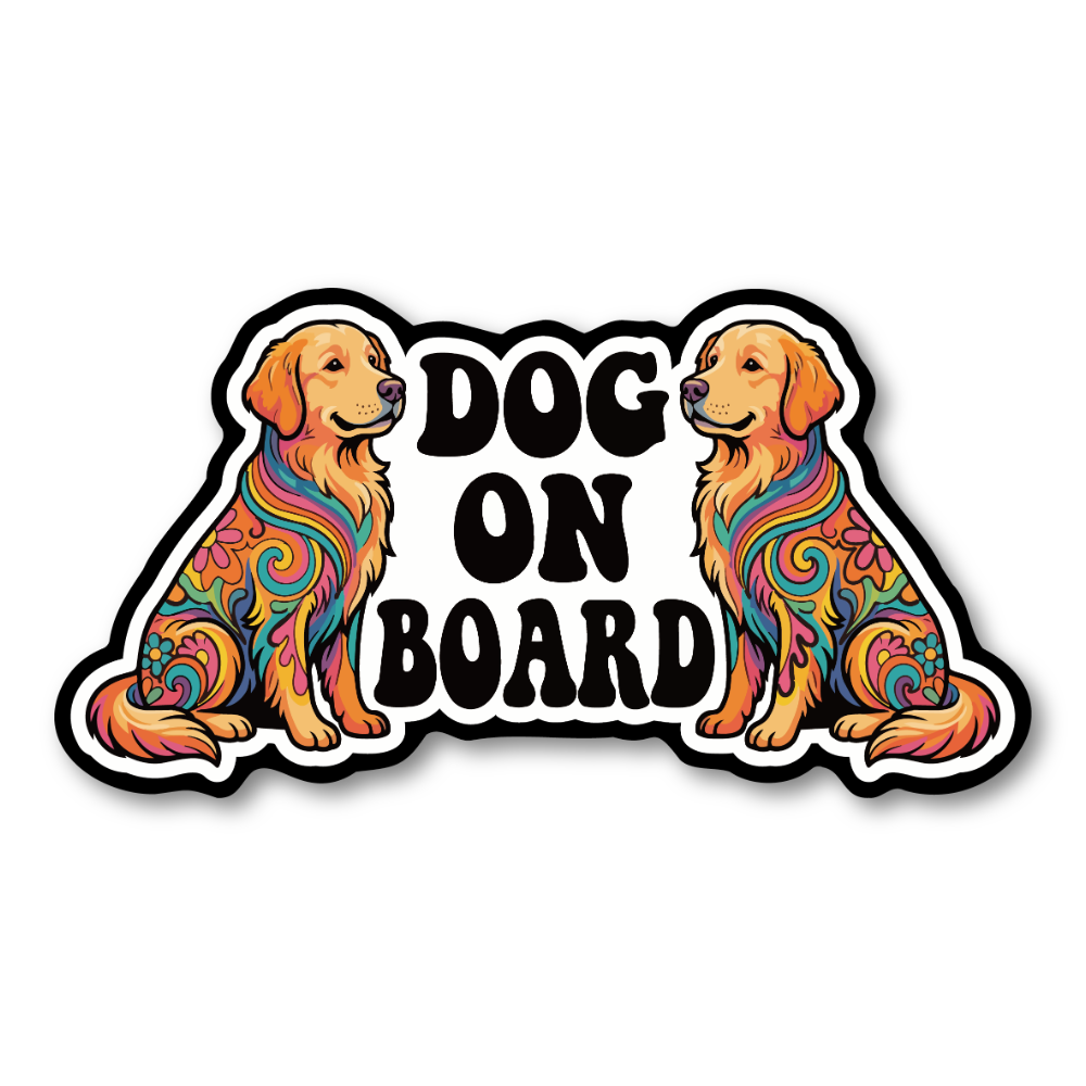 DOG ON BOARD マグネットステッカー 犬が乗っています サイケデリックデザイン 車用 ドッグオンボード ペット同乗サイン ダイカット 180×94mm ゴールデンレトリバー
