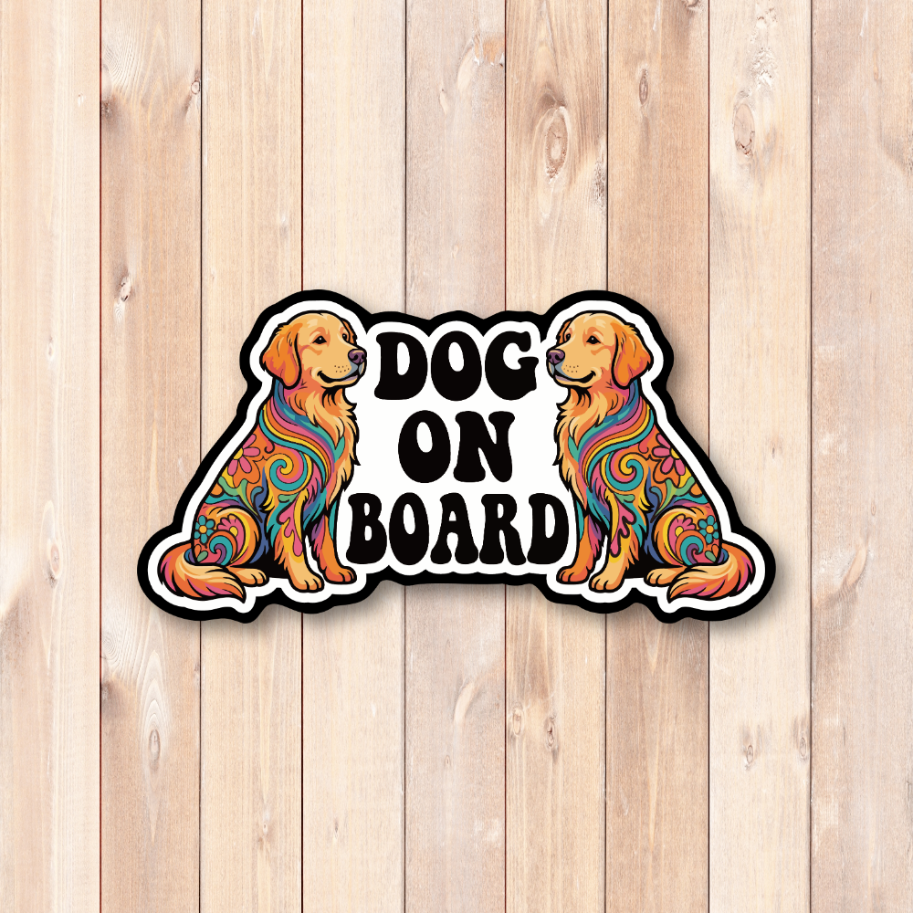 DOG ON BOARD マグネットステッカー 犬が乗っています サイケデリックデザイン 車用 ドッグオンボード ペット同乗サイン ダイカット 180×94mm ゴールデンレトリバー - 画像 (2)