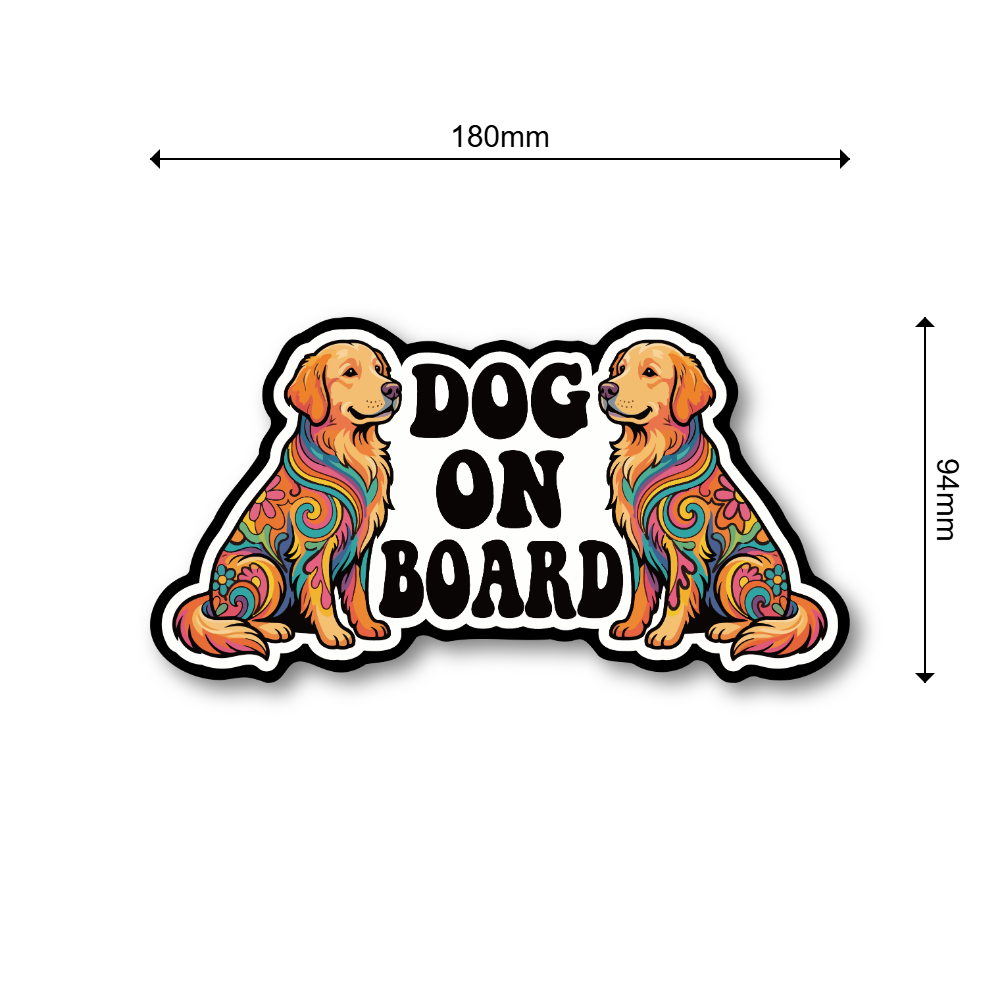 DOG ON BOARD マグネットステッカー 犬が乗っています サイケデリックデザイン 車用 ドッグオンボード ペット同乗サイン ダイカット 180×94mm ゴールデンレトリバー - 画像 (3)