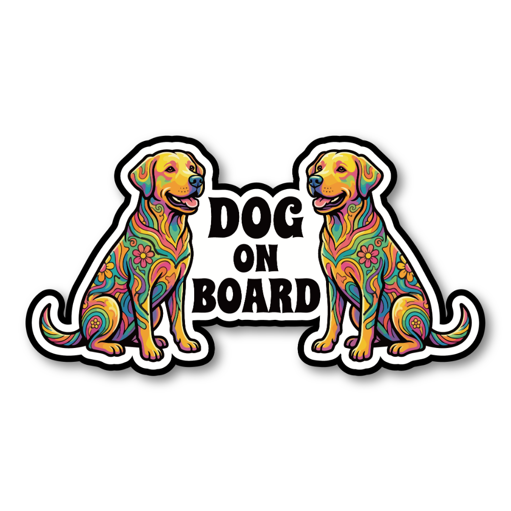 DOG ON BOARD マグネットステッカー 犬が乗っています サイケデリックデザイン 車用 ドッグオンボード ペット同乗サイン ダイカット 180×94mm ラブラドールレトリバー