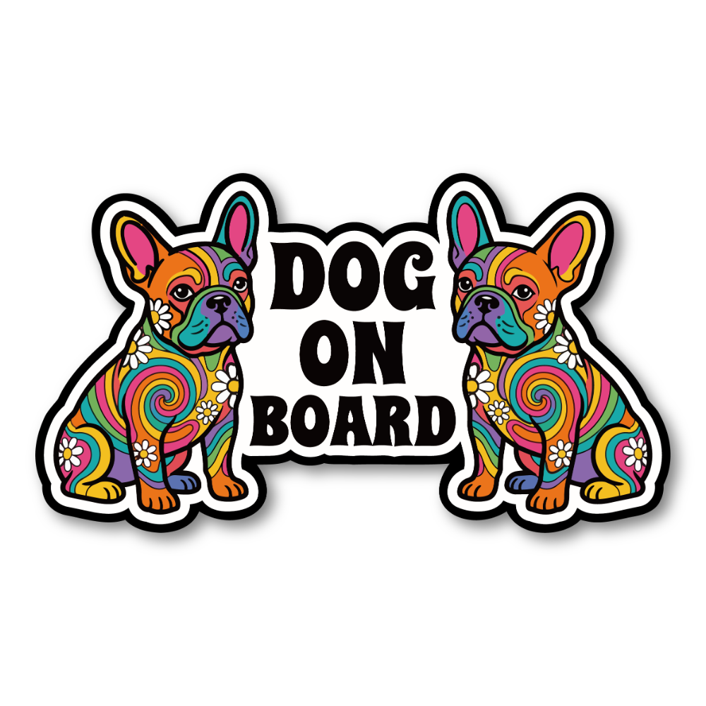 DOG ON BOARD マグネットステッカー 犬が乗っています サイケデリックデザイン 車用 ドッグオンボード ペット同乗サイン ダイカット 180×102mm フレンチブルドッグ