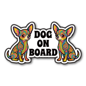 DOG ON BOARD マグネットステッカー 犬が乗っています サイケデリックデザイン 車用 ドッグオンボード ペット同乗サイン ダイカット 180×100mm チワワ