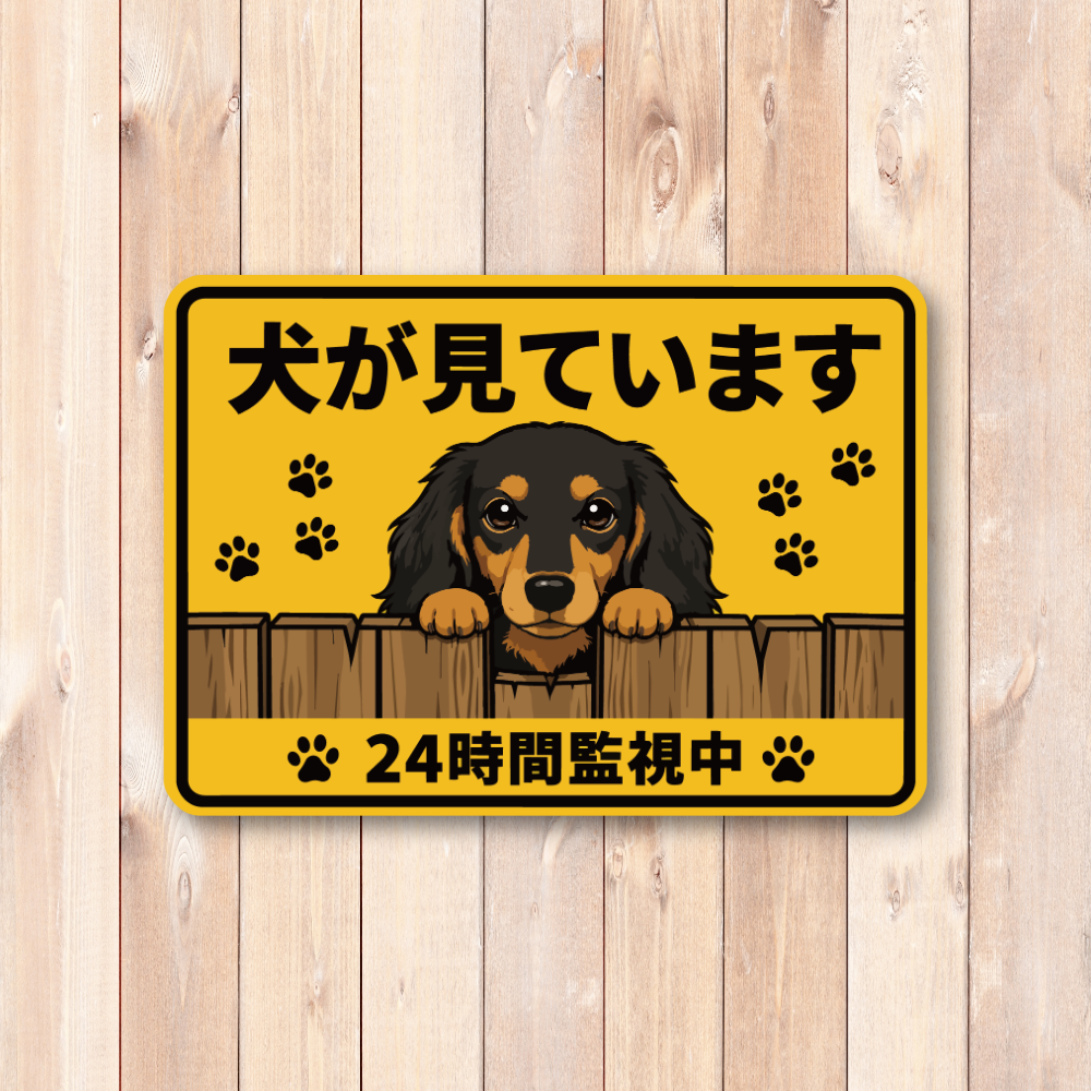 犬が見ています ステッカー 120mm 24時間監視中 防犯サイン 玄関サイン 犬好き向け 屋外対応 防水 UVラミネート ミニチュアダックス - 画像 (2)