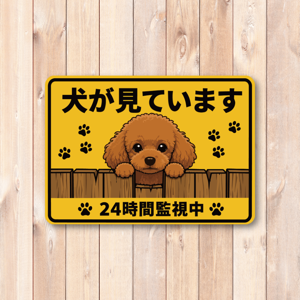 犬が見ています ステッカー 120mm 24時間監視中 防犯サイン 玄関サイン 犬好き向け 屋外対応 防水 UVラミネート トイプードル - 画像 (2)