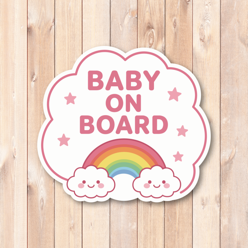 BABY ON BOARD ステッカー 120mm 赤ちゃん乗車中 車用 カーステッカー 防水・耐候 UVラミネート加工 かわいい ベビーインカー にじ - 画像 (2)