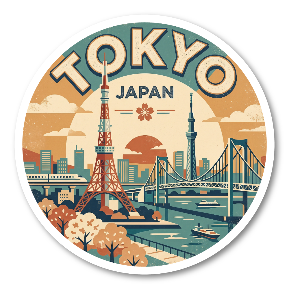 レトロトラベルシリーズ 世界の都市・国デザインステッカー ヴィンテージ風 防水・耐候 屋外対応 スーツケース PC 車用 Tokyo