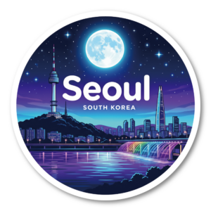Moon City 世界の都市 夜景ステッカー 防水・UVカット 屋外対応 スーツケース・ノートPC・キャリーケース・タンブラー用 円形ステッカー Seoul