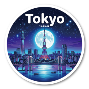 Moon City 世界の都市 夜景ステッカー 防水・UVカット 屋外対応 スーツケース・ノートPC・キャリーケース・タンブラー用 円形ステッカー Tokyo