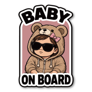 BABY ON BOARD ベビーオンボード ステッカー くま着ぐるみ サングラス 赤ちゃん 車用 ベビーインカー 防水 耐候 かわいい Baby Girl / ピンク
