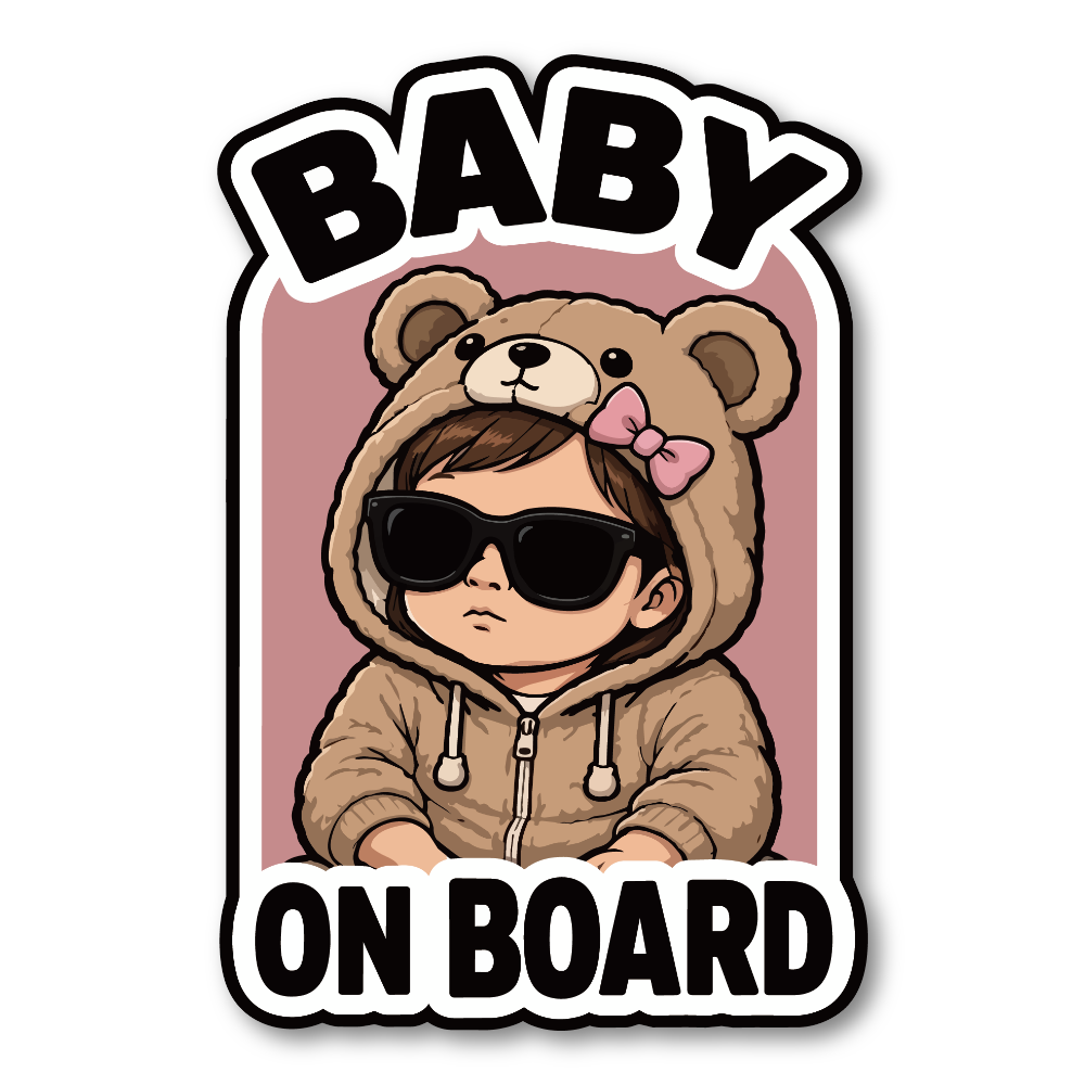 BABY ON BOARD ベビーオンボード ステッカー くま着ぐるみ サングラス 赤ちゃん 車用 ベビーインカー 防水 耐候 かわいい Baby Girl / ピンク