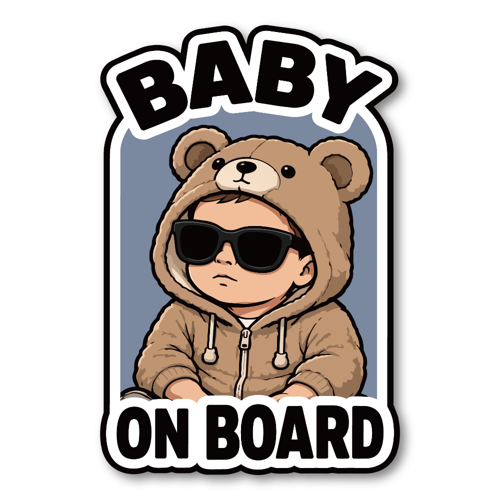 BABY ON BOARD ベビーオンボード ステッカー くま着ぐるみ サングラス 赤ちゃん 車用 ベビーインカー 防水 耐候 かわいい Baby Boy / ブルー