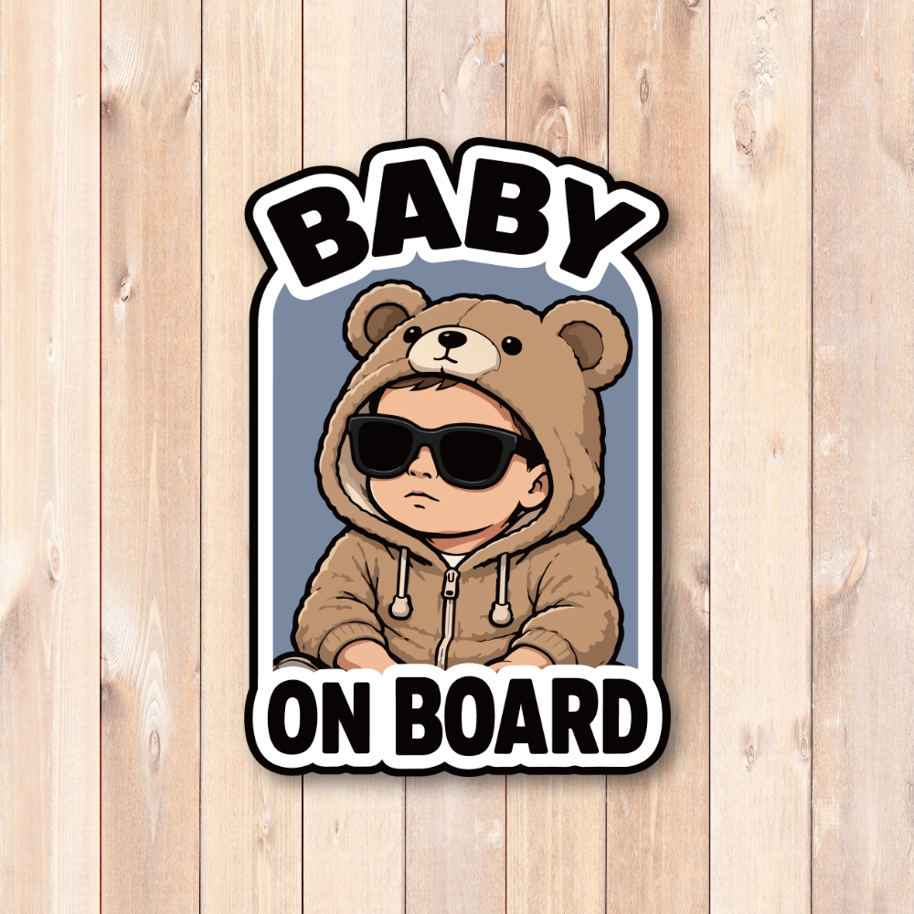 BABY ON BOARD ベビーオンボード ステッカー くま着ぐるみ サングラス 赤ちゃん 車用 ベビーインカー 防水 耐候 かわいい Baby Boy / ブルー - 画像 (2)