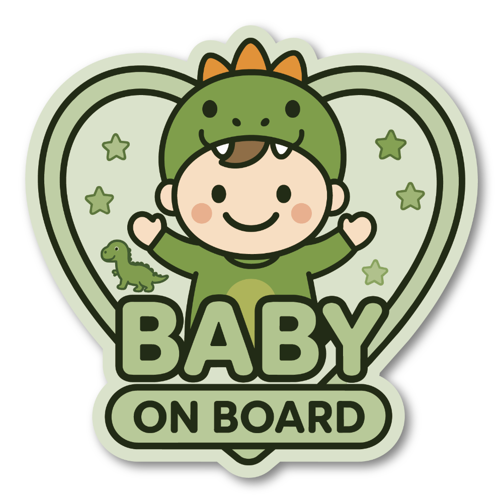 BABY ON BOARD ステッカー ベビーオンボード 赤ちゃんが乗っています 車用 かわいい ハートデザイン 防水 耐候 恐竜